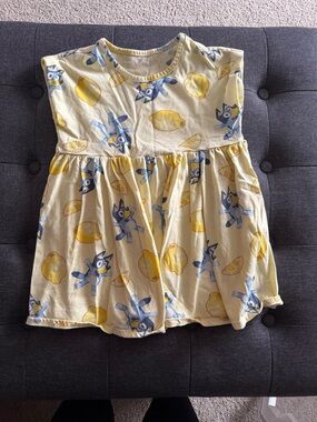 Girls' Yellow Lemon Print Casual Dress with Blue Character